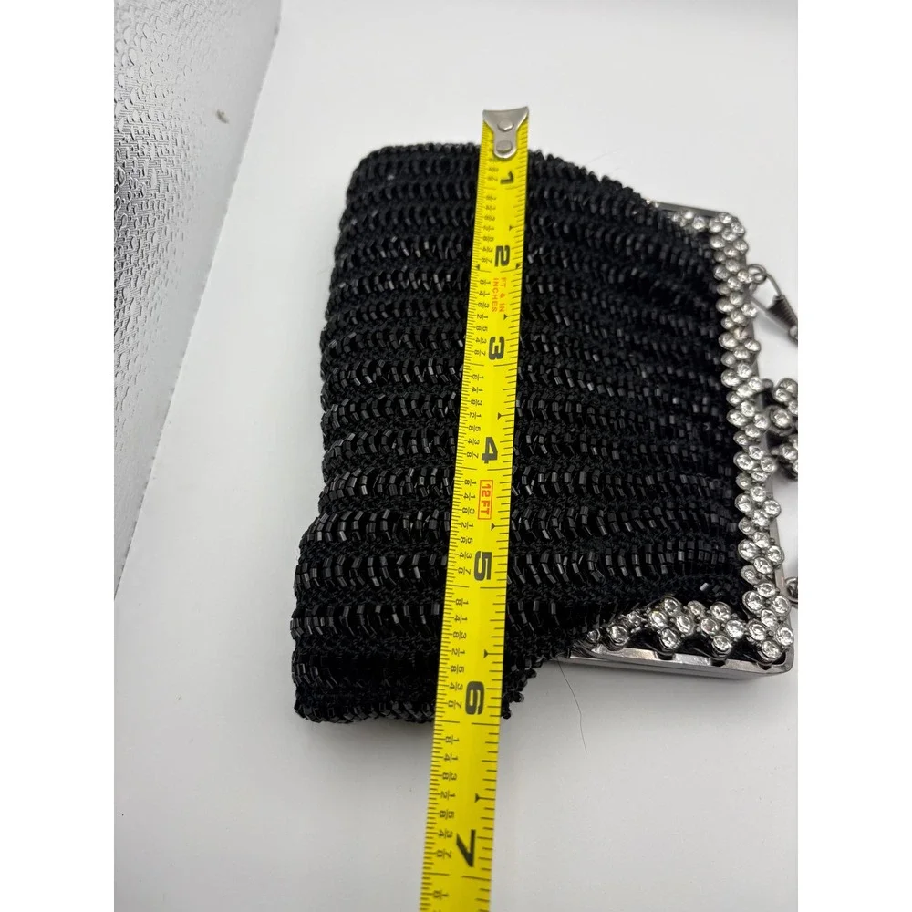 Vtg Black Beaded Evening Bag Rhinestone Frame Kiss Lock Clutch Gunmetal‎ Chain